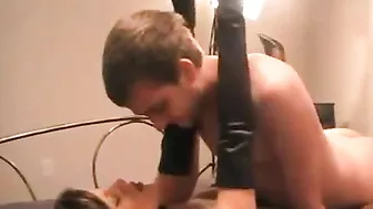 Mom with stockings and long gloves on has XXX fun with her stepson