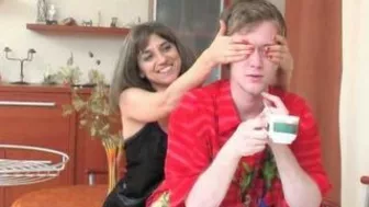 Skinny mom tempts stepson's friend into XXX affair in the kitchen