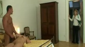 Muscular guy caught having XXX quickie with girlfriend's chubby mom