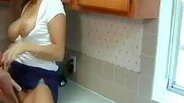 Smart guy with ease coaxes busty stepmom to have XXX quickie in kitchen