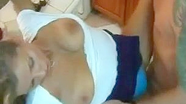 Smart guy with ease coaxes busty stepmom to have XXX quickie in kitchen