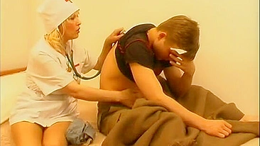 Blonde mom works as nurse so she helps stepson using her XXX pussy