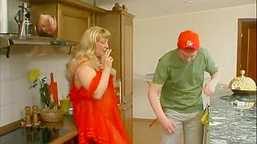 Horny blond mom in red peignoir has XXX fun with handsome repairman