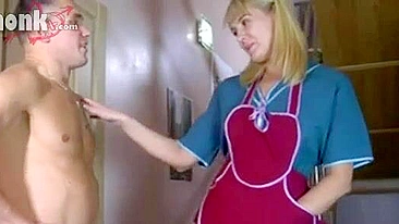 Blond mom who is hotel maid has XXX affair with client on stairs