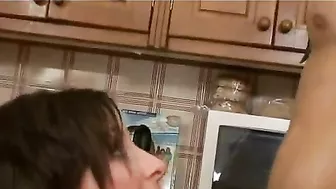 Petite boy tastes XXX pussy of GF's long-legged mom in the kitchen