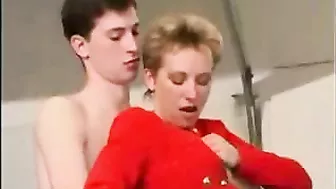 Short-haired Russian mom fools around with naked boy in XXX garage