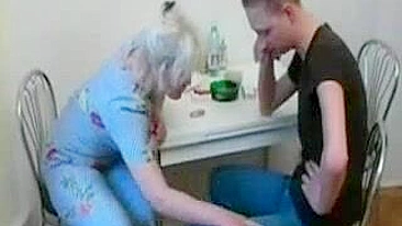 Mature blonde mom and skinny stepson have XXX encounter in kitchen