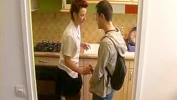 Short-haired mom teaches neighbor about XXX pleasure right in kitchen