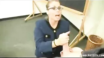 Nerdy teacher rewarded with massive XXX facial after sucking boner