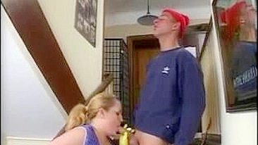 Chubby mom interrupts cleaning to have XXX fun with errand boy on stairs