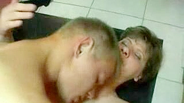 Boy fucks friend's mom with saggy XXX breasts right in the corridor