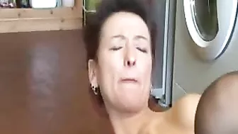 Short-haired mom in XXX stockings rides hard cock in laundry room