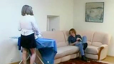 Lazy buddy dragged into XXX quickie with angry mom on the couch