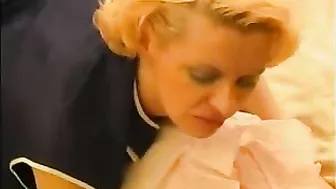 Innocent bald boy lured into XXX encounter with mature blonde maid