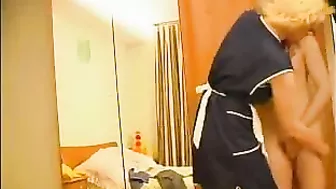 Innocent bald boy lured into XXX encounter with mature blonde maid