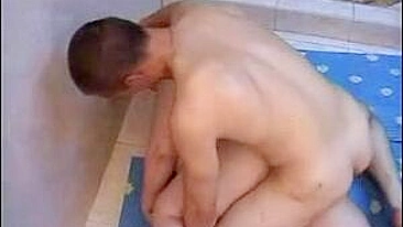 Chubby Russian mom nailed with stepson's XXX prick in public bath
