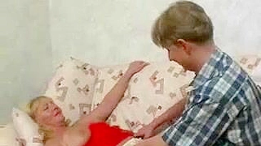 Boy approaches relaxed blond mom and fucks her XXX twat on couch