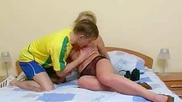 Lucky football player and lonely chubby mom have XXX affair on bed
