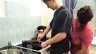 Cock-hungry XXX mom seduces her son-in-law on a quick kitchen sex