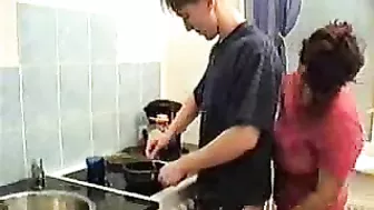 Cock-hungry XXX mom seduces her son-in-law on a quick kitchen sex