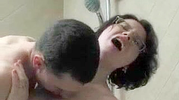 Stepson spies on XXX mom in the shower and fucks her right there