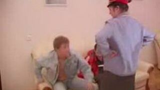 Female Russian cop uses XXX dongs of two hot boys from the street