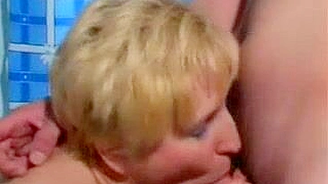 Blonde mom drinks XXX cum after fucking a younger man in the kitchen