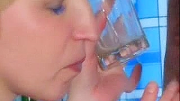 Blonde mom drinks XXX cum after fucking a younger man in the kitchen