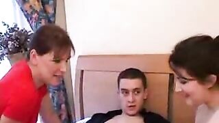 Embarrassed young man has XXX threesome with GF and her stepmom