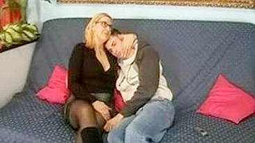 Big-assed mature with glasses comforts young dude with her XXX cunt