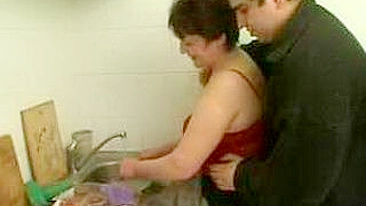 Russian stepmom quits washing the dishes to take son's XXX dick