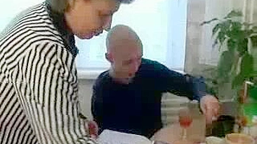 Hungry for sex Russian mom seduces bald young man on XXX quickie