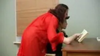 Russian mom in red distracts stepson from books to have XXX fucking