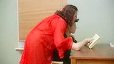 Russian mom in red distracts stepson from books to have XXX fucking