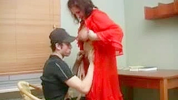 Russian mom in red distracts stepson from books to have XXX fucking