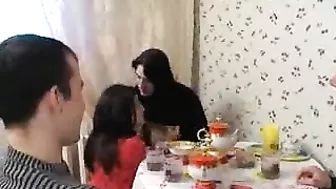 Three students have wild XXX orgy with lustful mom in the kitchen