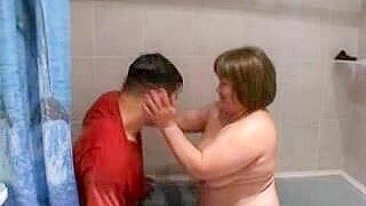 Russian boy fucks wet slit of his chubby XXX stepmom in the bathtub