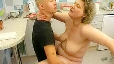 Skinny Russian dude uses XXX twat of chunky stepmom in the kitchen