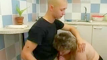 Skinny Russian dude uses XXX twat of chunky stepmom in the kitchen