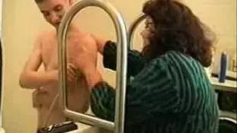 Pervy fat mom bathes her teen stepson and lets him use her XXX cunt