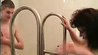 Pervy fat mom bathes her teen stepson and lets him use her XXX cunt