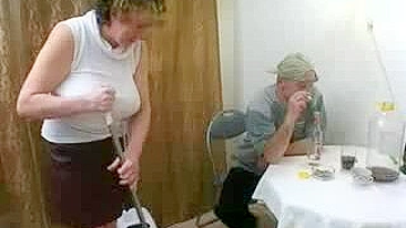 Drunk dude agrees to copulate with slutty XXX granny in the kitchen