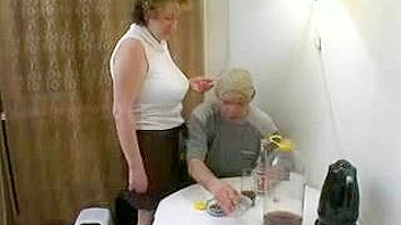 Drunk dude agrees to copulate with slutty XXX granny in the kitchen