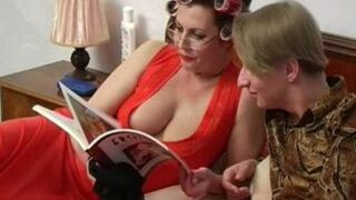 Big-tittied XXX mom in red teaches stepson the science of fucking