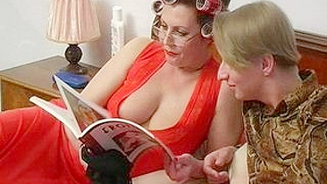 Big-tittied XXX mom in red teaches stepson the science of fucking