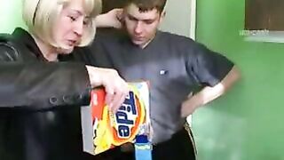 Busty blonde mom demonstrates two younger men her sexual XXX skills