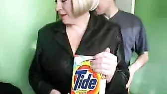 Busty blonde mom demonstrates two younger men her sexual XXX skills