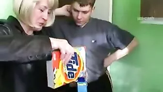 Busty blonde mom demonstrates two younger men her sexual XXX skills