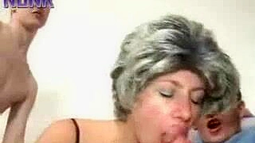 Two horny guys share slim XXX mom fucking her hard in a threesome