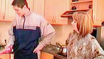 Dude uses dildo and his XXX cock to fuck mom-in-law in the kitchen